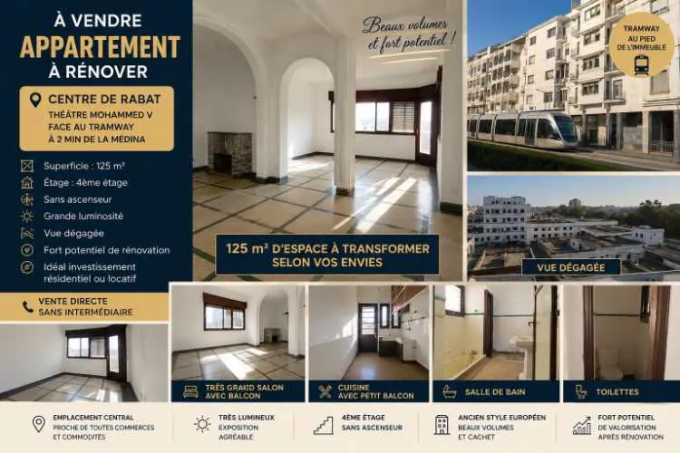 Appartement 125 m² à rénover – centre de rabat - الرباط