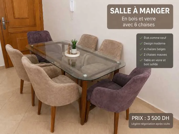 Salle à manger en bois et verre avec 6 chaises - الدروة