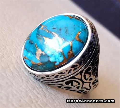 Bague avec pierre de turquoise véritable en argent - مراكش