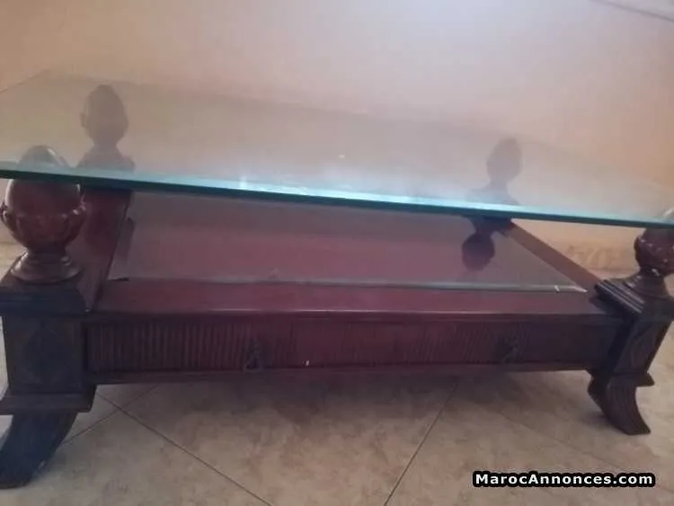 Table basse bois massif et verre excellent État - أكادير