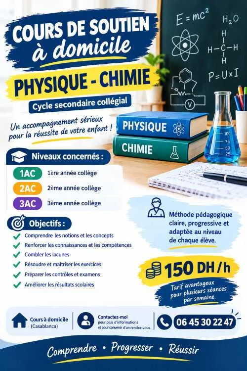 Cours de soutien À domicile – physique-chimie - الدار البيضاء