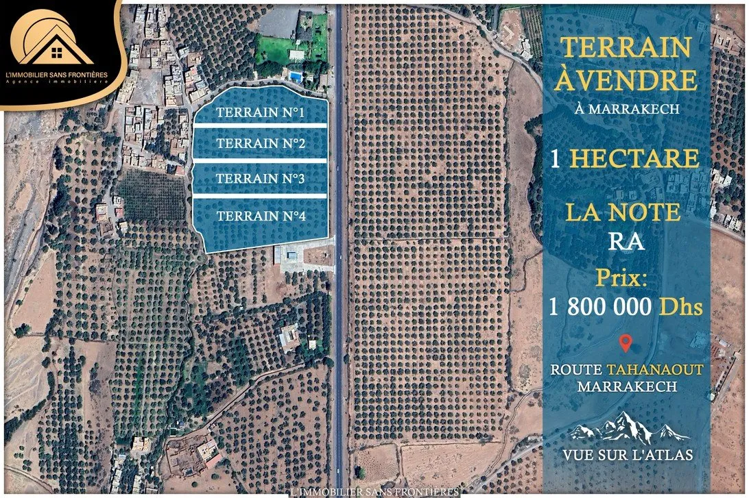 Terrain à vendre à Route de Tahanaout, Marrakech — RA — 1 hectare - مراكش