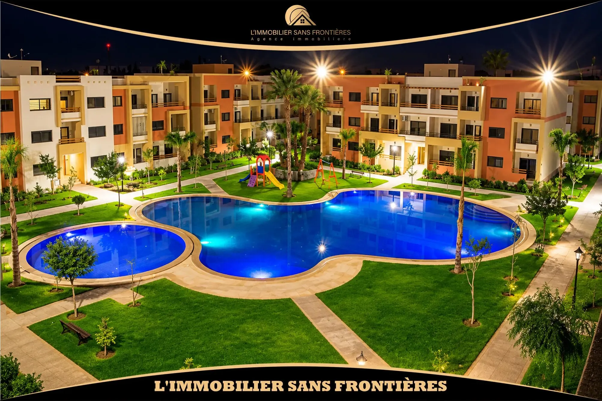 Appartement de 85 m² à louer à Targa – 2 chambres, double salon, terrasse, piscine et jardin collectif - مراكش