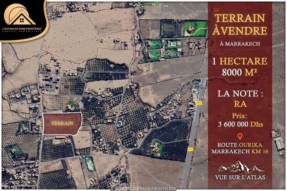 Terrain titré à Route Ourika km 16, Zone RA + 18 000 m², Marrakech : à vendre - مراكش